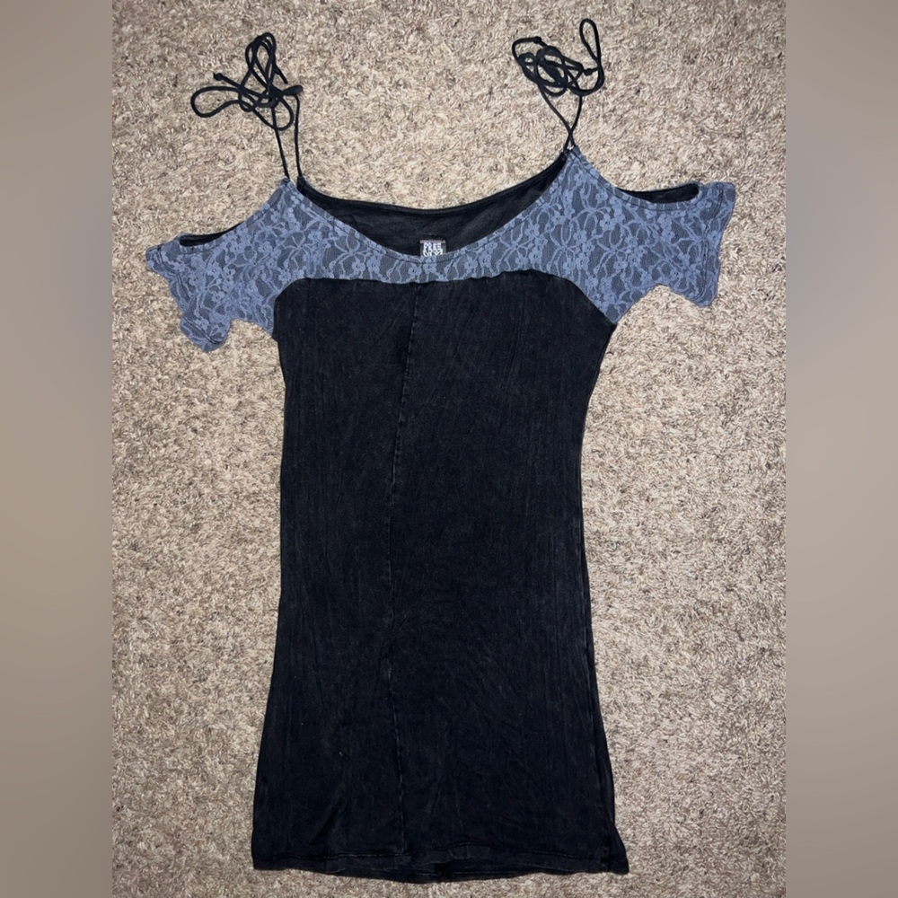 Vintage Free People Black Blue Dress with Lace Accent Small